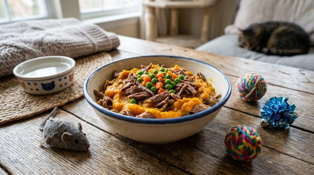 A bowl of homemade duck and pumpkin cat food, garnished with peas and carrots, on a rustic wooden table.