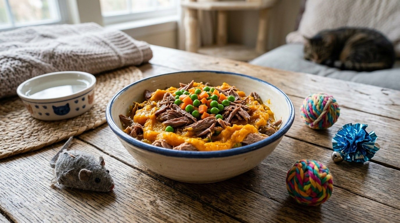 A bowl of homemade duck and pumpkin cat food, garnished with peas and carrots, on a rustic wooden table.