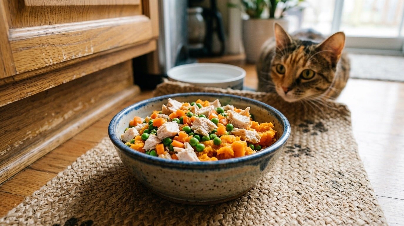 A colorful homemade cat food in a bowl with chicken, sweet potatoes, peas, and carrots, with a cat in the background.