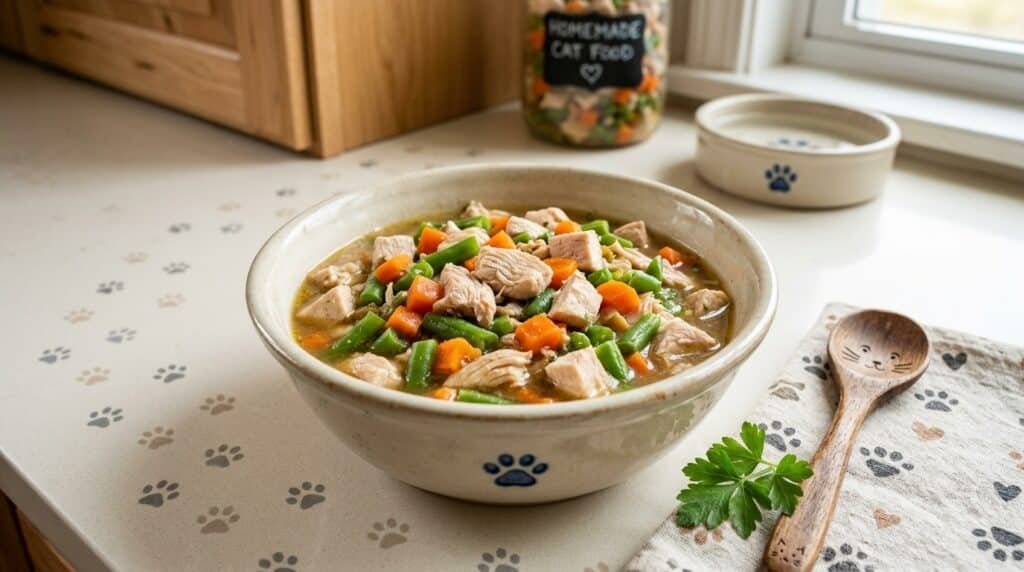 Homemade chicken and green bean cat food in a bowl on a kitchen counter.