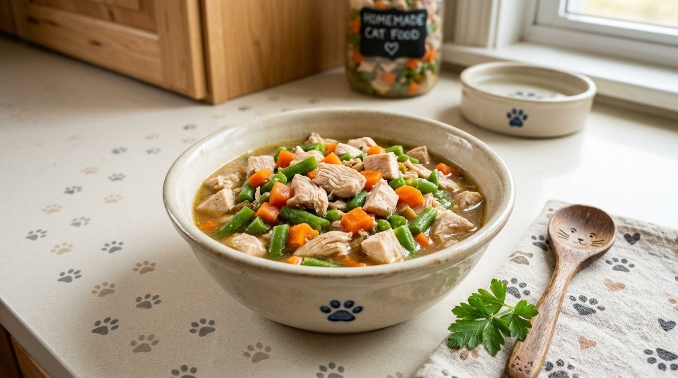 Homemade chicken and green bean cat food in a bowl on a kitchen counter.