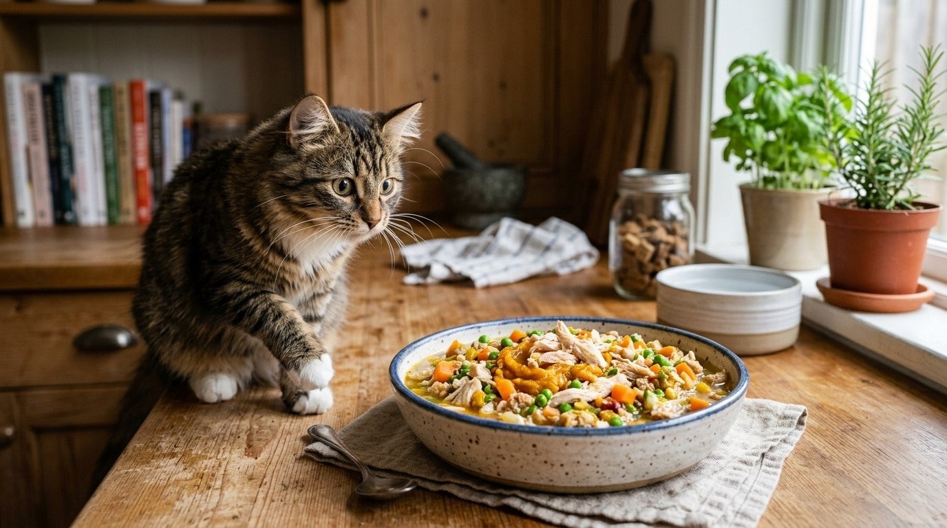 Nutritious homemade cat food with chicken, carrots, and peas in a bowl, ready to serve to a cat.