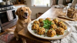 A plate of beef and pumpkin meatballs for dogs with a playful dog in the background.