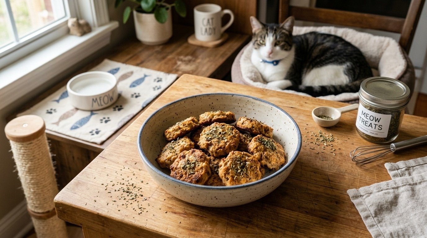 Homemade cat treats made with tuna and coconut oil, displayed on a wooden surface with catnip.