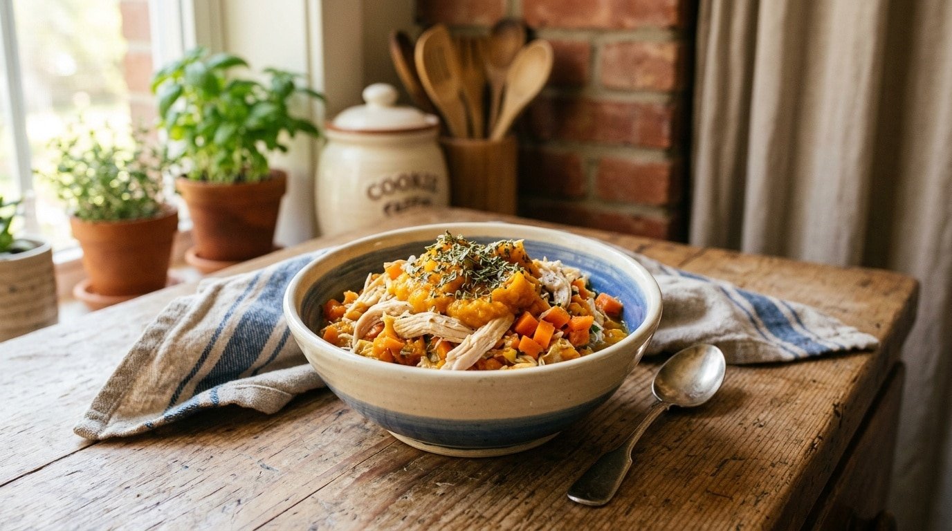 Bowl of homemade cat food with chicken, pumpkin, and carrots, garnished with catnip.