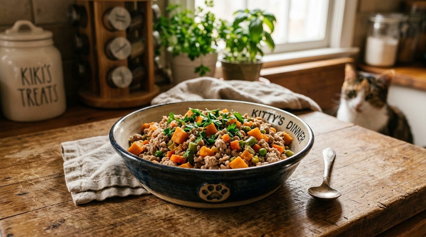 A nutritious bowl of homemade turkey and sweet potato cat food, surrounded by fresh vegetables.