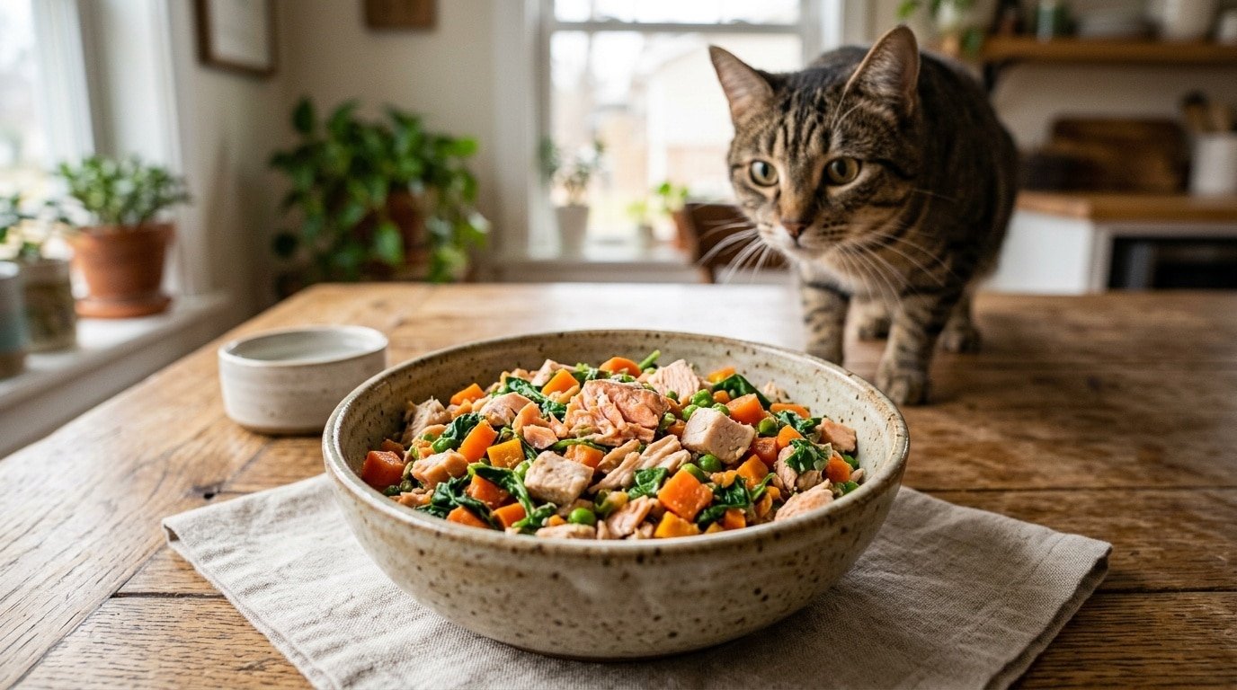 A nutritious bowl of homemade cat food for senior cats, showing salmon, chicken, and chopped vegetables.