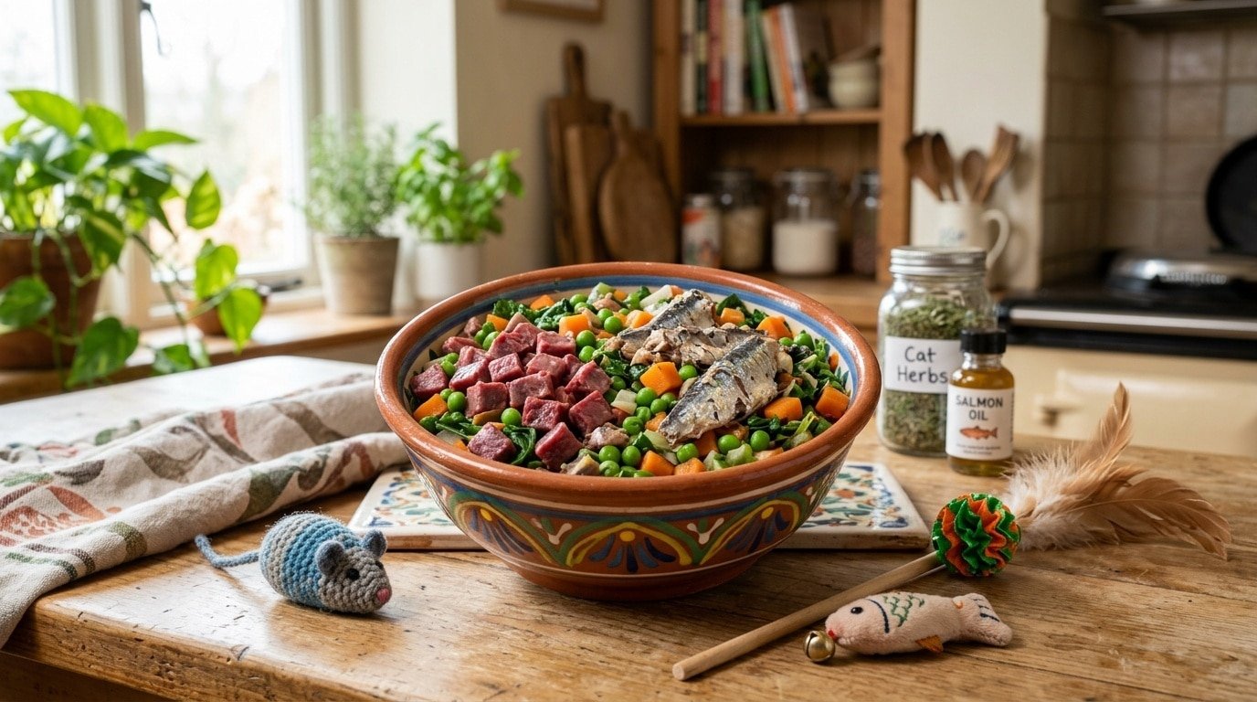 Homemade beef heart and sardine cat food in a bowl with vegetables, placed in a cozy kitchen.