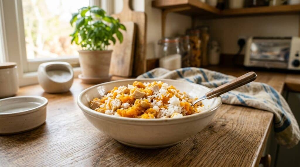 A bowl of wholesome homemade cat food with chicken, pumpkin, and rice, presented in a cozy kitchen setting.