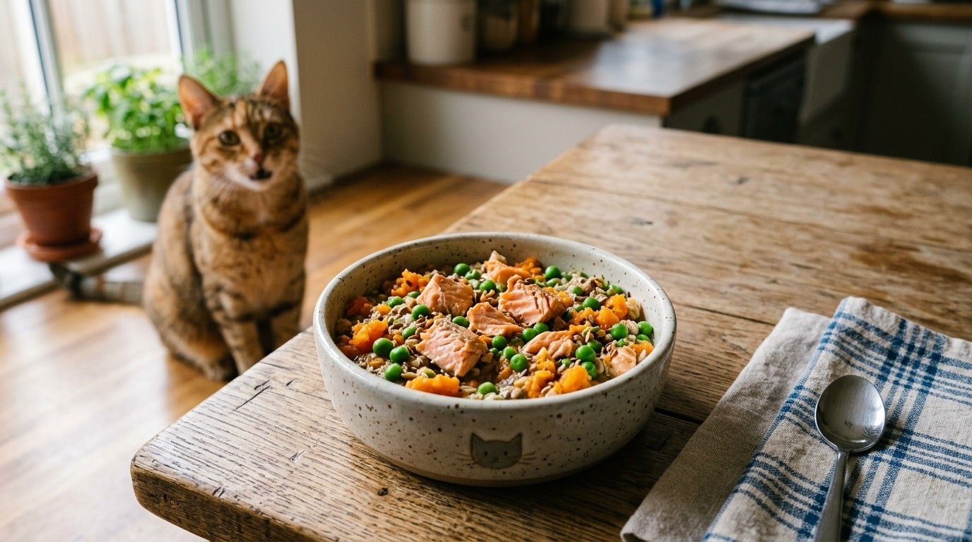 A nutritious bowl of salmon and flaxseed cat food with bright peas and carrots, set on a rustic wooden table, with a cat in the background.