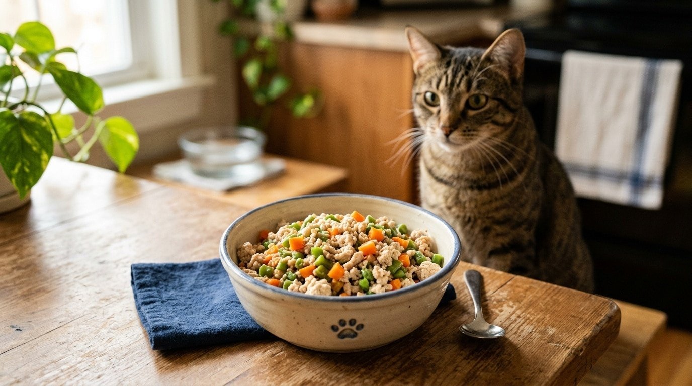 A nutritious bowl of homemade cat food for diabetic cats, featuring ground turkey and vegetables.