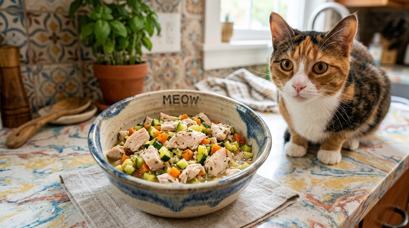 A bowl of homemade chicken and zucchini cat food, with pieces of tender chicken and green zucchini, ready to be served to a cat.