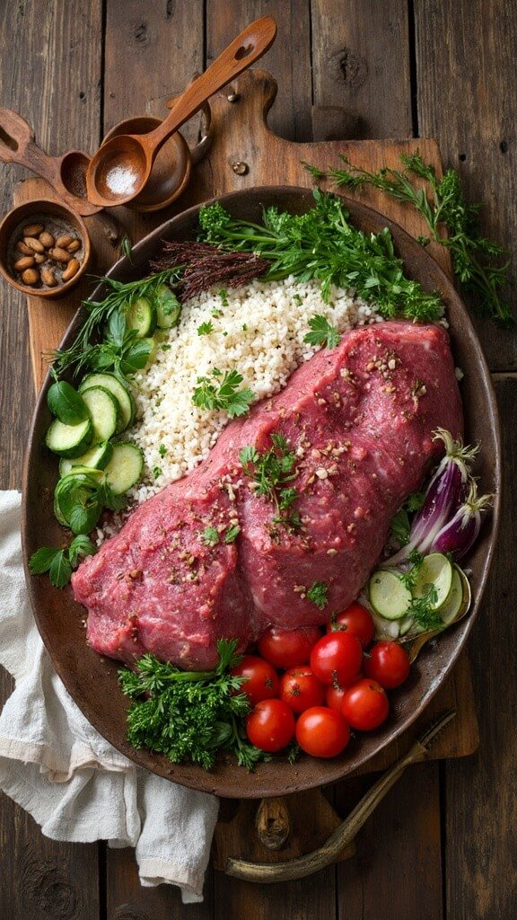 Overhead flat lay of raw ground lamb, white rice, fresh ingredients, measuring cups, and a wooden spoon on a rustic table