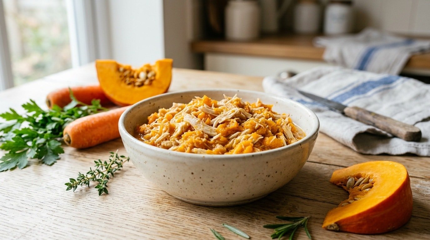 A bowl of homemade cat food with chicken, carrots, and pumpkin, looking nutritious on a wooden surface.