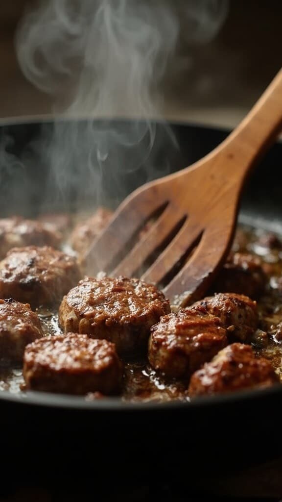Close-up of ground lamb browning in a skillet as a wooden spatula stirs, with steam rising in warm kitchen light