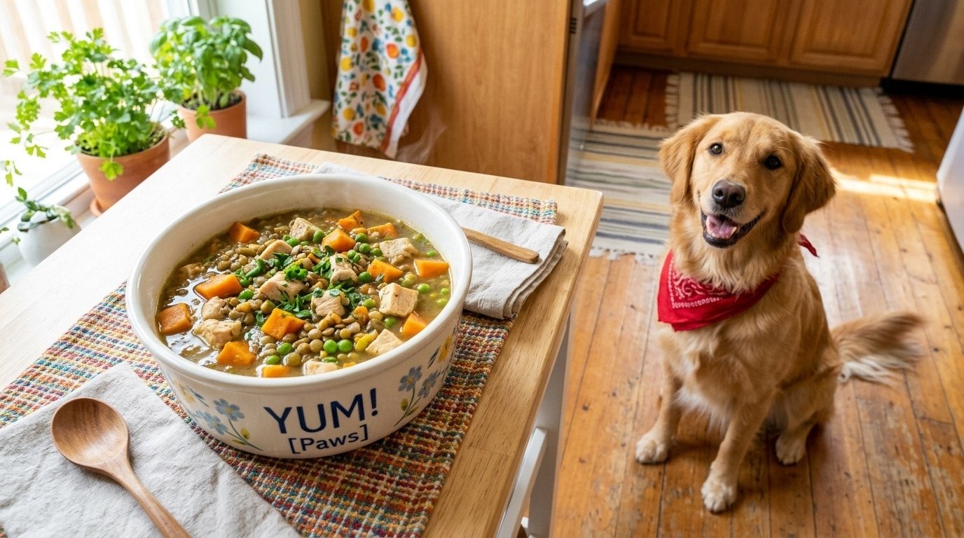 Nutritious chicken sweet potato lentil soup for dogs in a bowl with chicken, sweet potatoes, and peas, with a happy dog waiting.