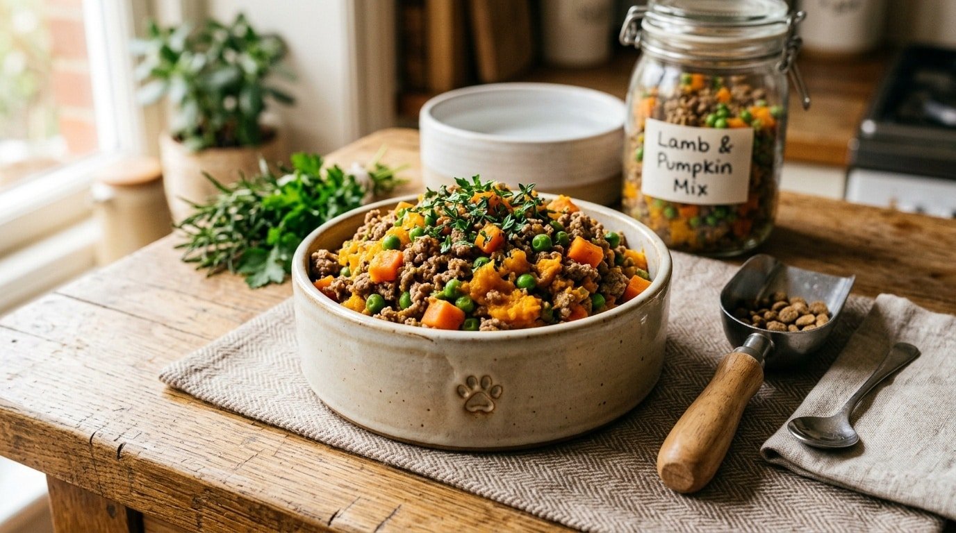 A nutritious bowl of lamb and pumpkin cat food with vegetables, on a rustic wooden table.
