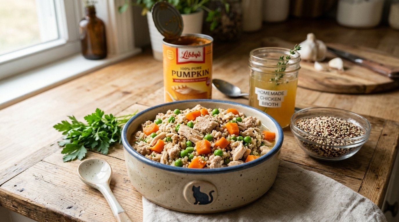 Bowl of nutritious homemade cat food with chicken, carrots, peas, and pumpkin puree, ingredients around.