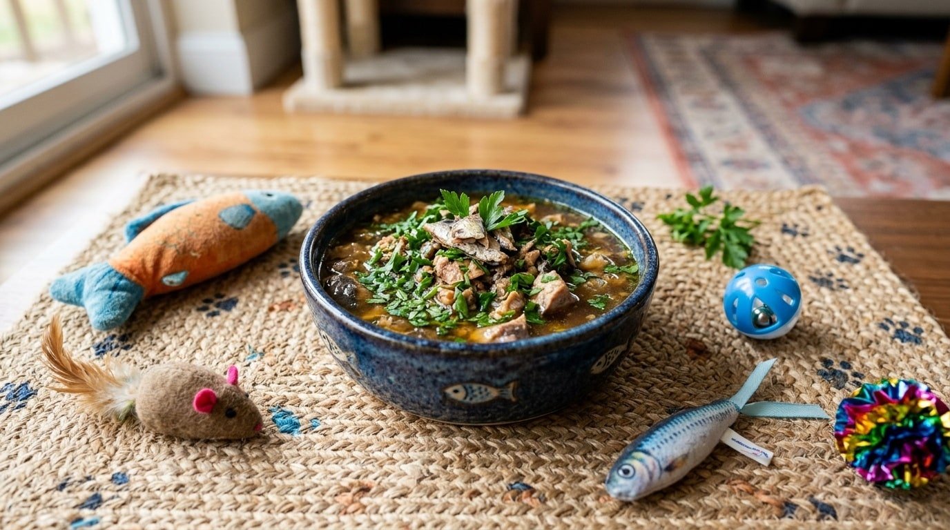 A colorful bowl filled with sardine and bone broth mix for cats, garnished with parsley, on a mat with cat toys.