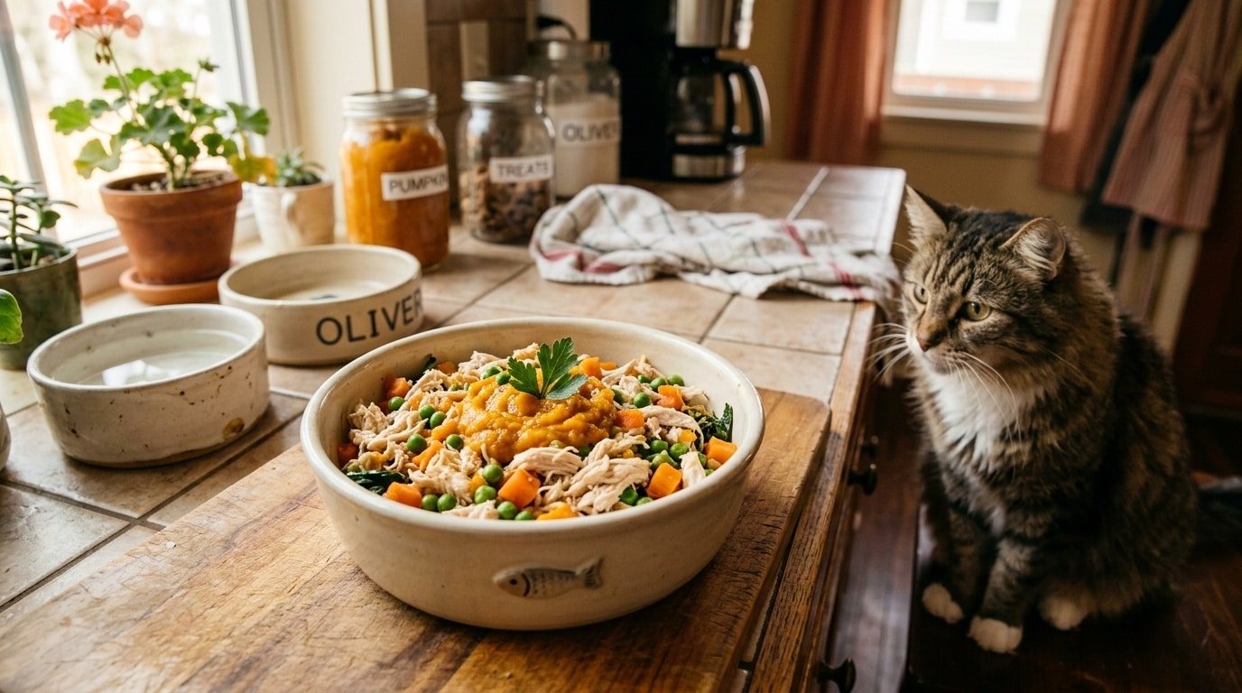 A vibrant bowl of homemade cat food with chicken, carrots, peas, and pumpkin, ready for serving to a senior cat in a cozy kitchen setting.