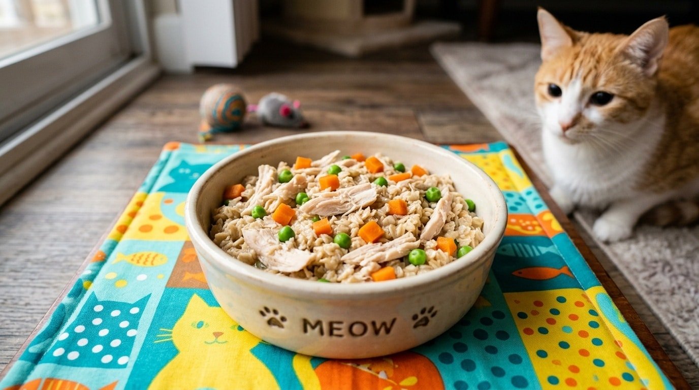 A bowl of homemade chicken and oatmeal for cats, with visible pieces of chicken and vegetables on a mat.