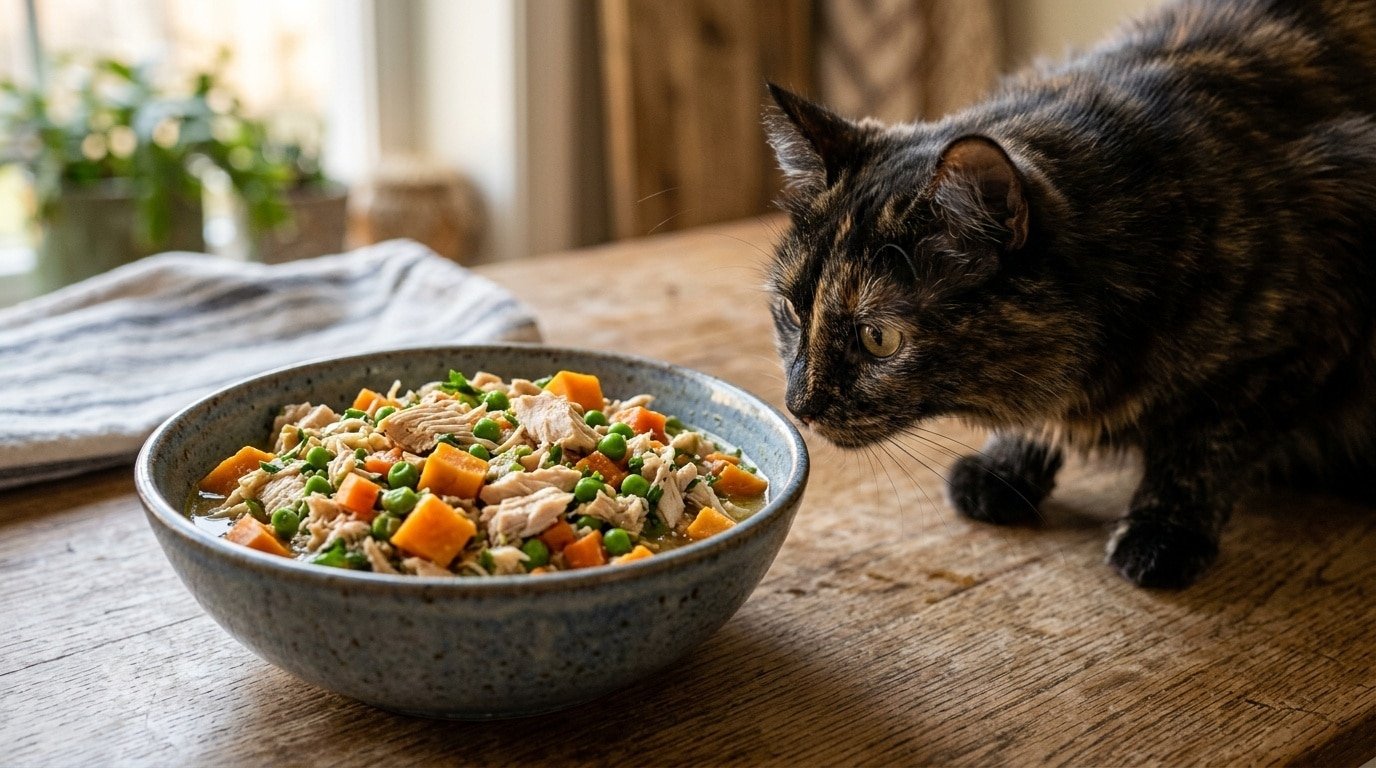Homemade cat food with chicken, sweet potatoes, carrots, and peas, served in a bowl with a curious cat nearby.