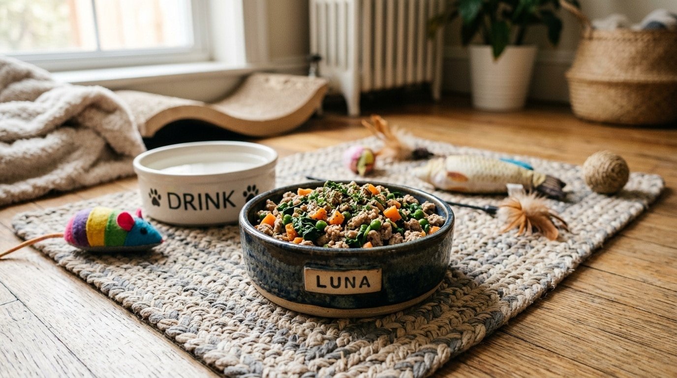 Homemade cat food bowl filled with turkey and spinach, surrounded by cat toys and water.