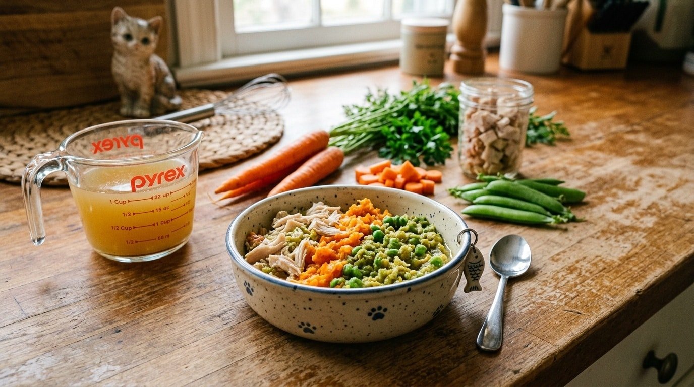 Bowl of nutritious homemade cat food with chicken, carrots, and peas on a wooden surface.