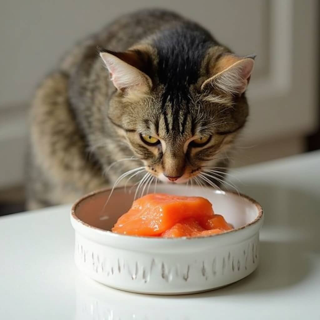 Glossy tabby cat eating salmon topper from a ceramic bowl in soft kitchen light