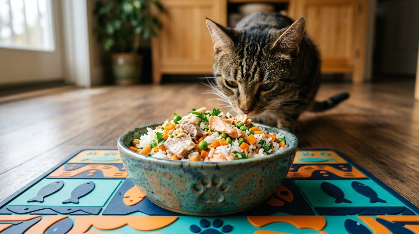 A bowl of low-fat fish and rice cat food with vegetables, served in a pet dish, appealing to senior cats.