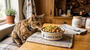 Bowl of homemade cat food with ground chicken, peas, carrots, and pumpkin, with a playful cat nearby.