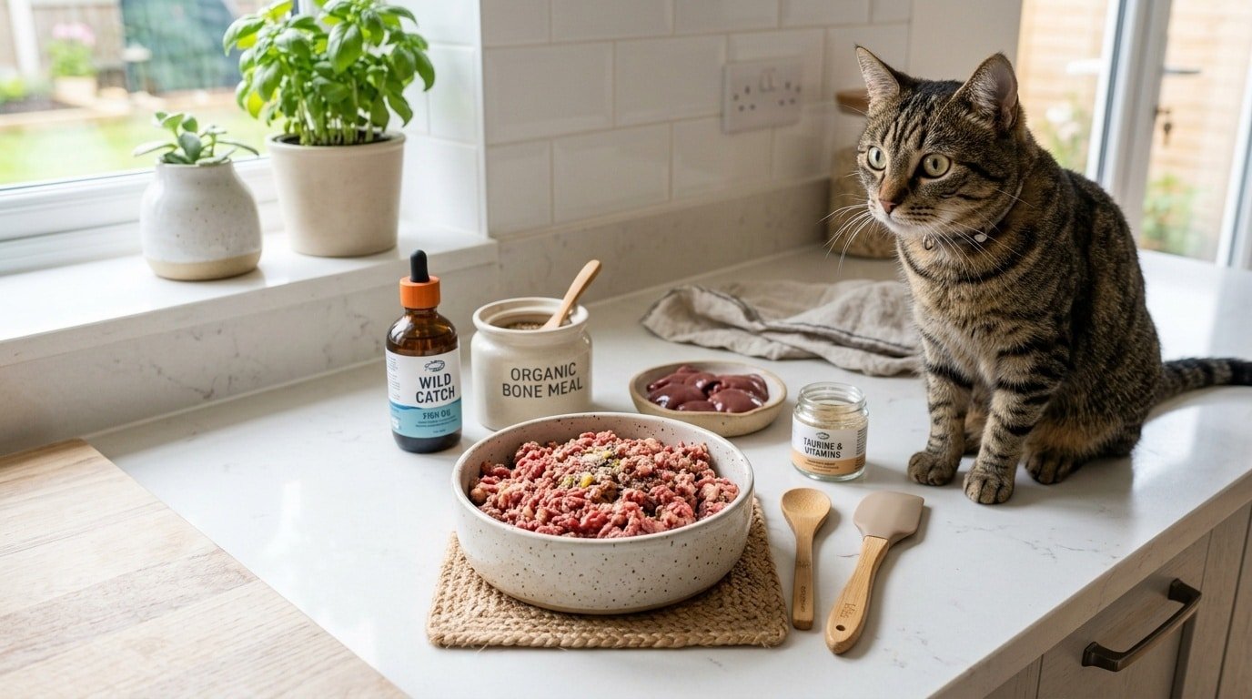 A bowl of DIY raw meat diet for cats, with the cat curiously looking at it, set on a clean kitchen counter surrounded by raw ingredients.