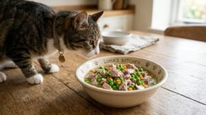 A fresh bowl of rabbit and pea grain-free dinner for cats, garnished with colorful carrots on a wooden table.
