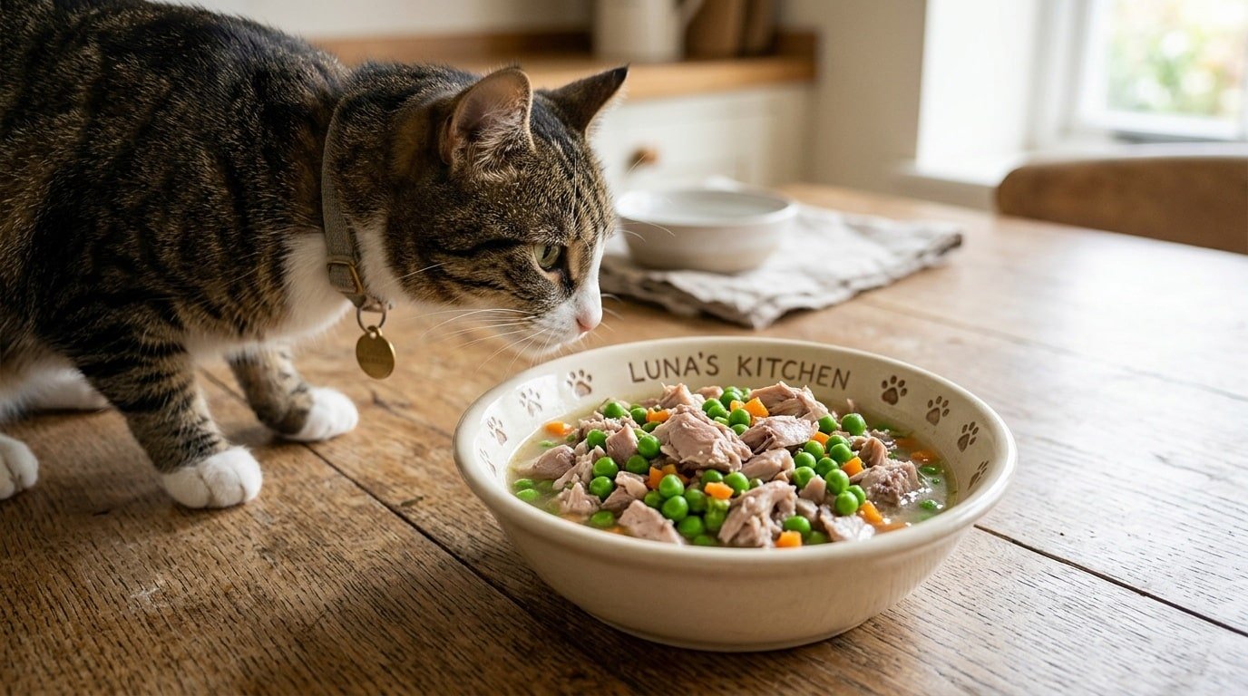 A fresh bowl of rabbit and pea grain-free dinner for cats, garnished with colorful carrots on a wooden table.