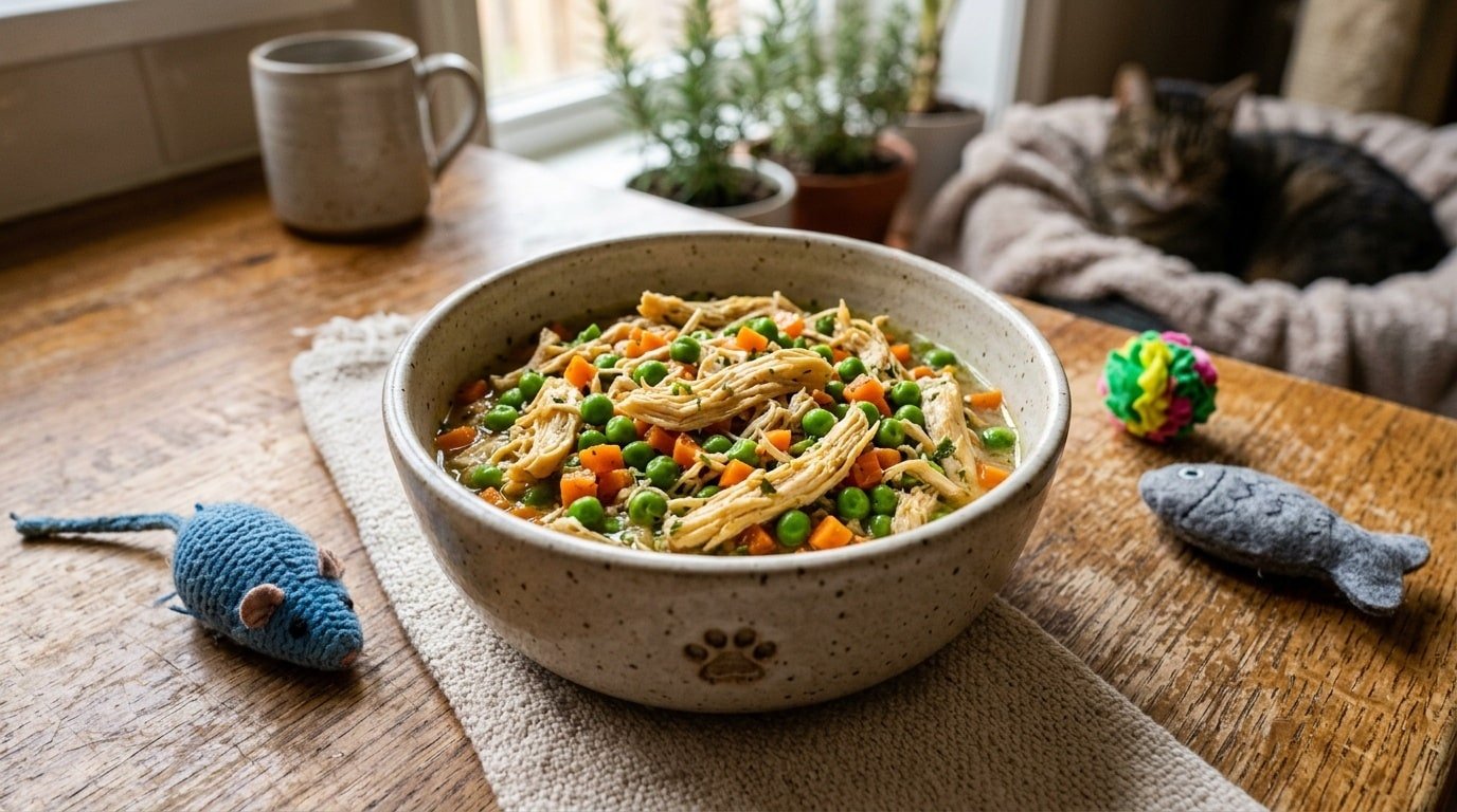 Bowl of homemade cat kibble alternative with shredded chicken, peas, and carrots, surrounded by playful cat toys.