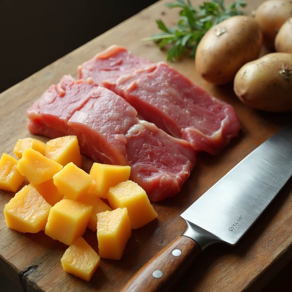 Raw quail meat and cubed sweet potato on a wooden cutting board with a chef’s knife, overhead in natural window light.