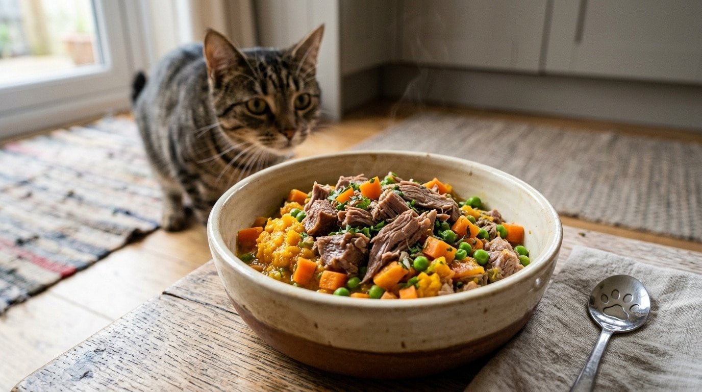 A bowl of homemade duck and pumpkin dinner for cats with duck meat, pumpkin puree, carrots, and peas, with a cat in the background.