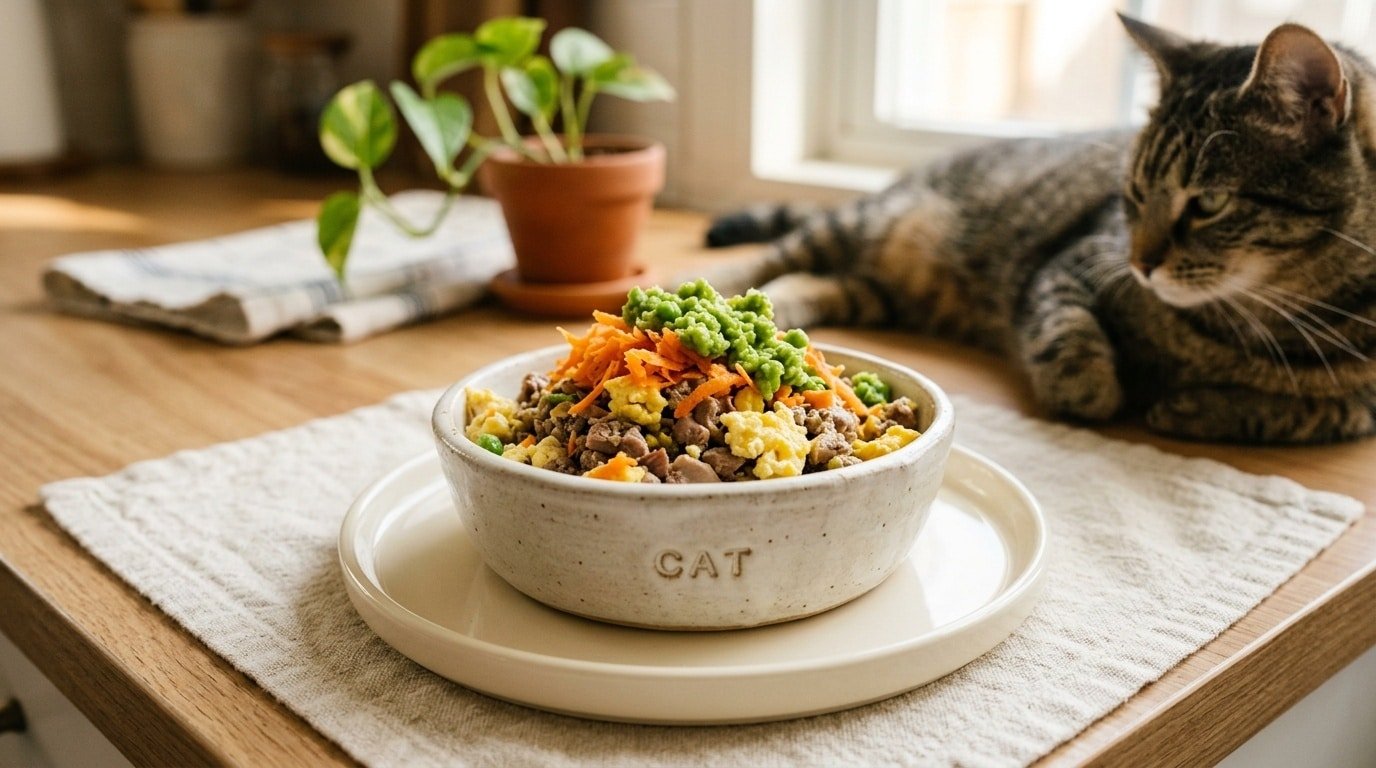 Homemade cat food made with quail and egg, garnished with carrots and peas, in a bright pet dish.