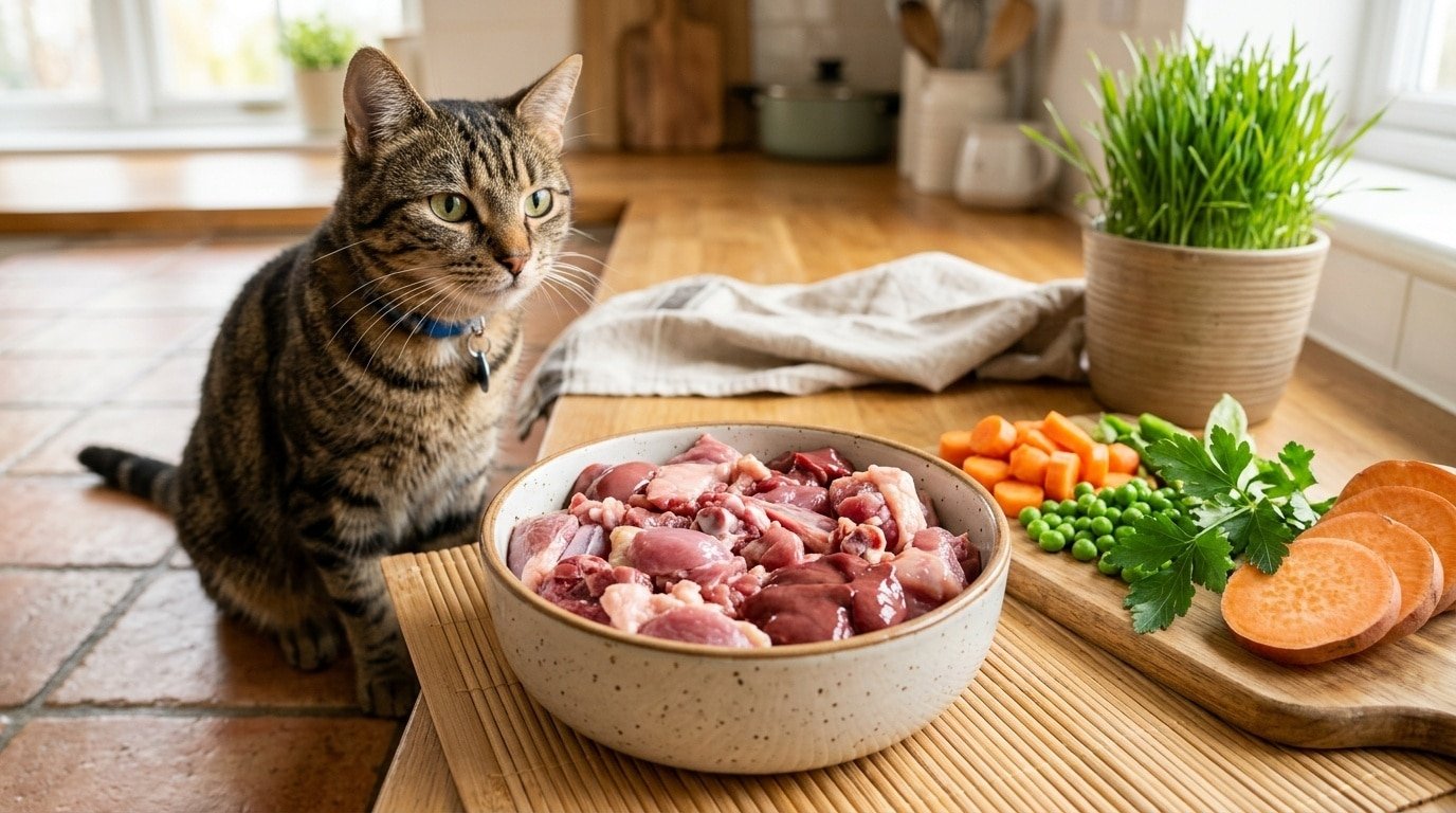 A nutritious bowl of homemade raw duck and liver diet for a cat, surrounded by fresh ingredients in a clean kitchen.