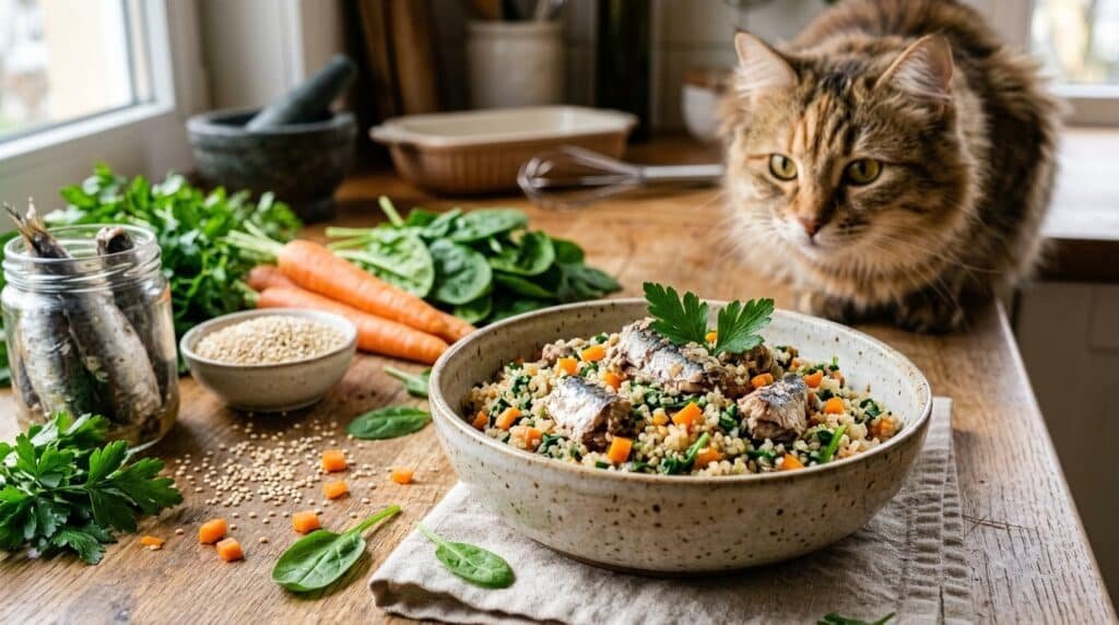 A bowl of sardine and quinoa cat food with carrots and spinach, served for a curious cat.