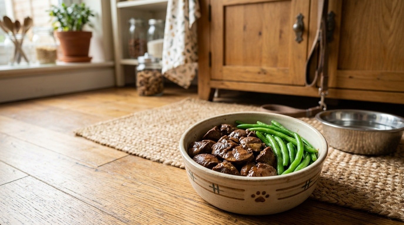 Close-up of a nutritious liver and green bean meal for cats, set in a pet bowl on a kitchen countertop.