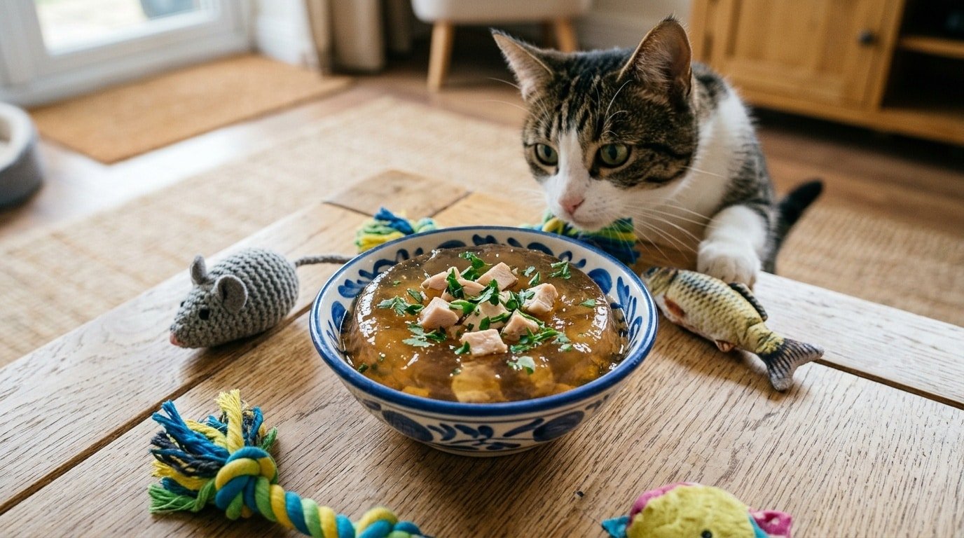 Bowl of homemade chicken and bone broth jelly for cats, garnished with chicken chunks, on a wooden table with a cat.