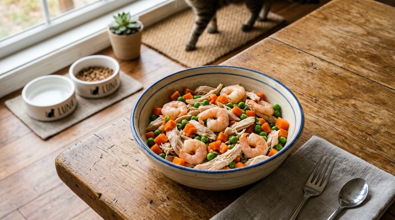 A nutritious homemade meal for cats featuring shrimp and chicken, garnished with carrots and peas in a bowl.