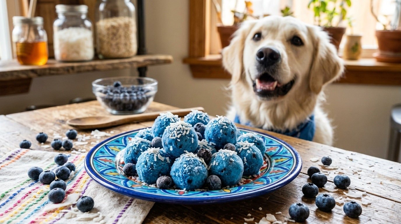 Frozen blueberry coconut dog treats on a plate with fresh blueberries and a playful dog in the background.