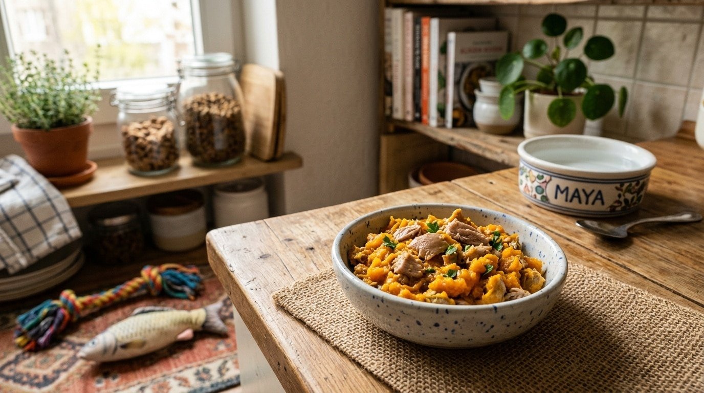 A healthy bowl of quail and pumpkin meal for cats, surrounded by pet supplies in a cozy kitchen.
