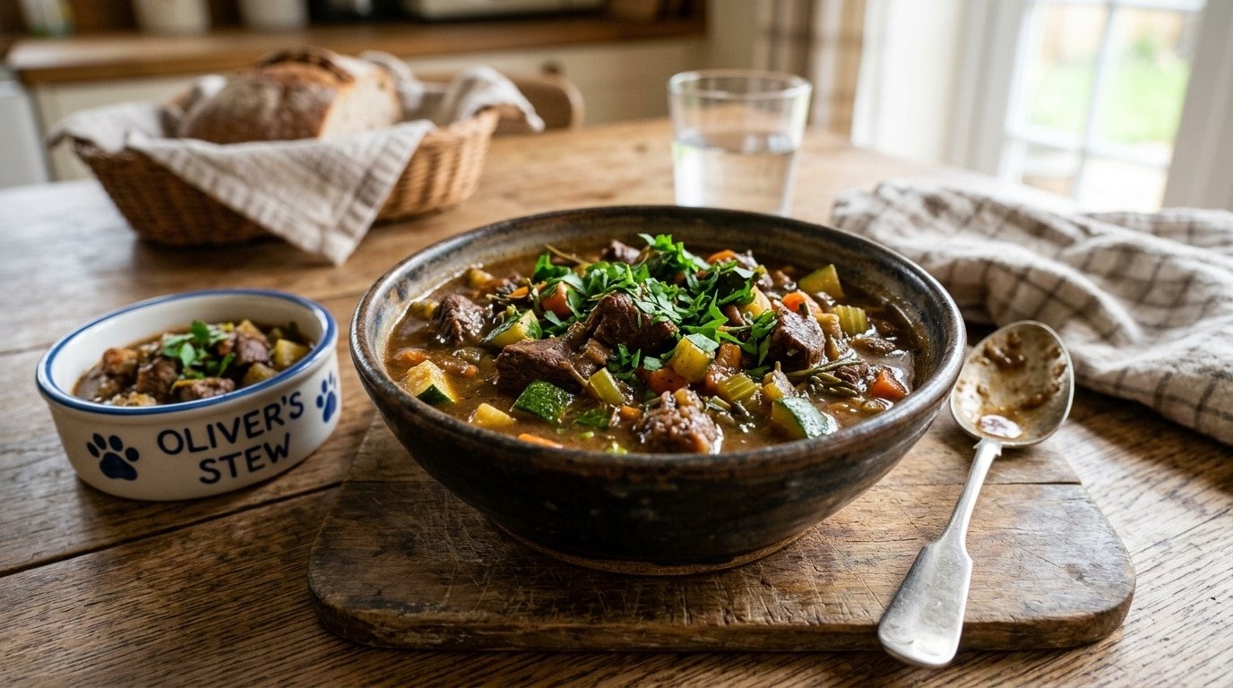 A hearty venison and zucchini stew for cats, in a bowl with fresh ingredients, emphasizing homemade pet food.