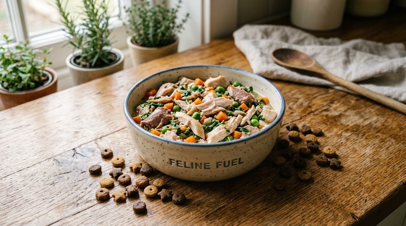 Home-cooked chicken and turkey blend for cats with optional veggies, served in a bowl on a rustic kitchen counter.