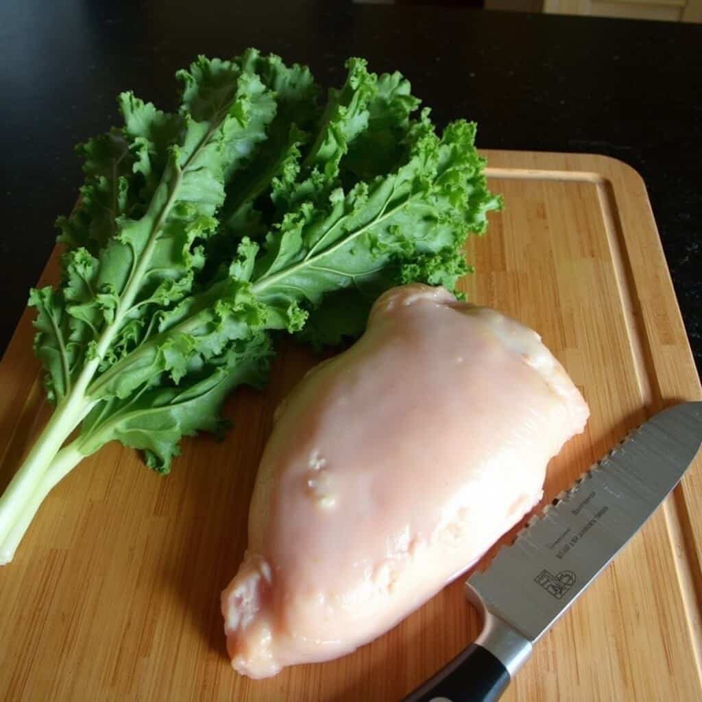 Fresh kale leaves and raw chicken thighs on a wooden cutting board with a knife in natural kitchen light