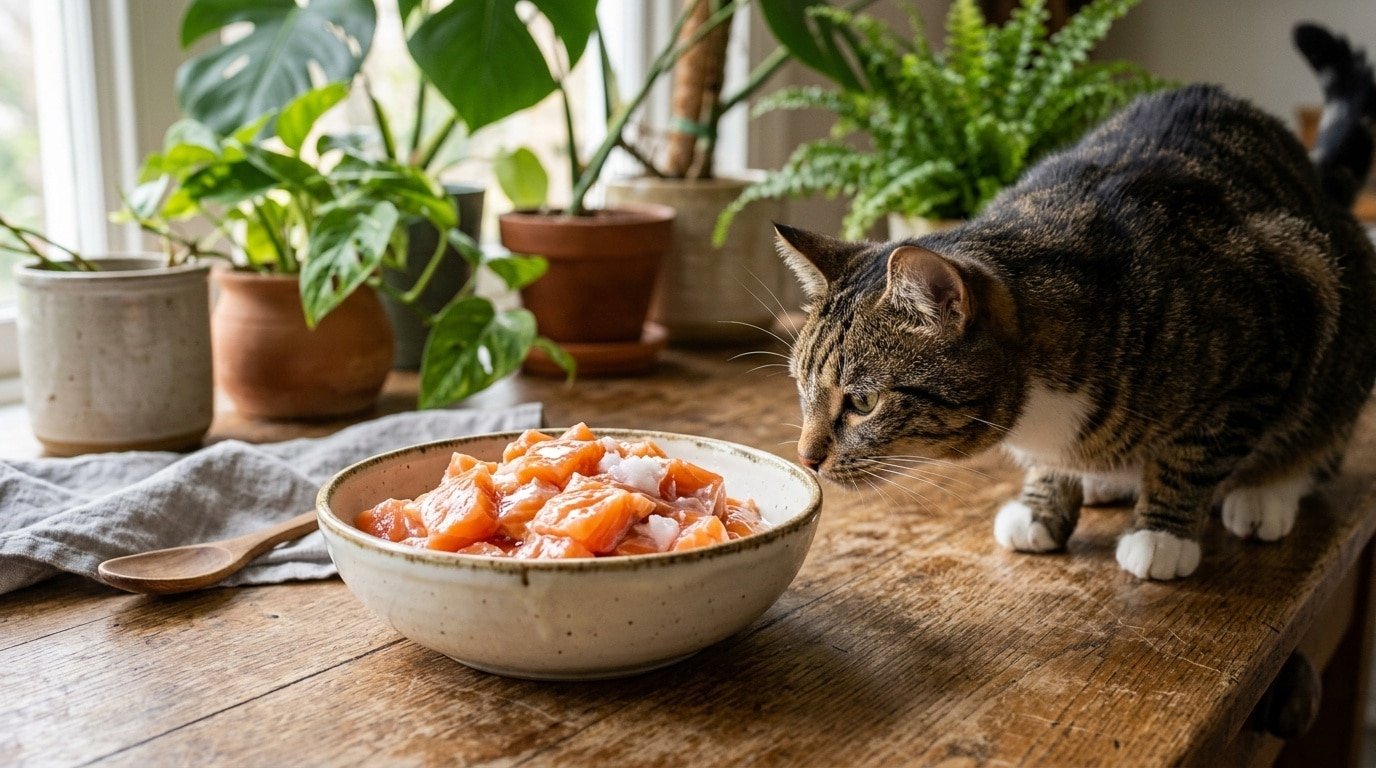 A delicious mixture of salmon and coconut oil for cats, placed in a bowl ready for serving, with an excited cat nearby.