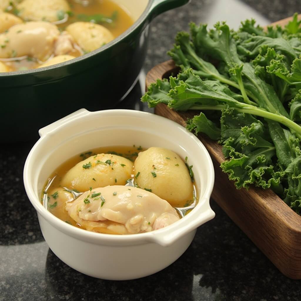 Cubed chicken poaching in a small saucepan beside a steaming basket of bright green kale leaves on a stovetop